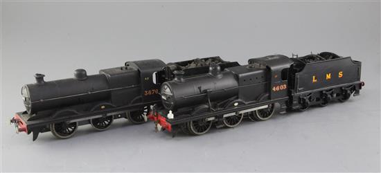 A scratch built pair of locomotive double headed O gauge 0-6-0 mixed traffic class 4F locomotives and tenders, overall 38cm, needs atte